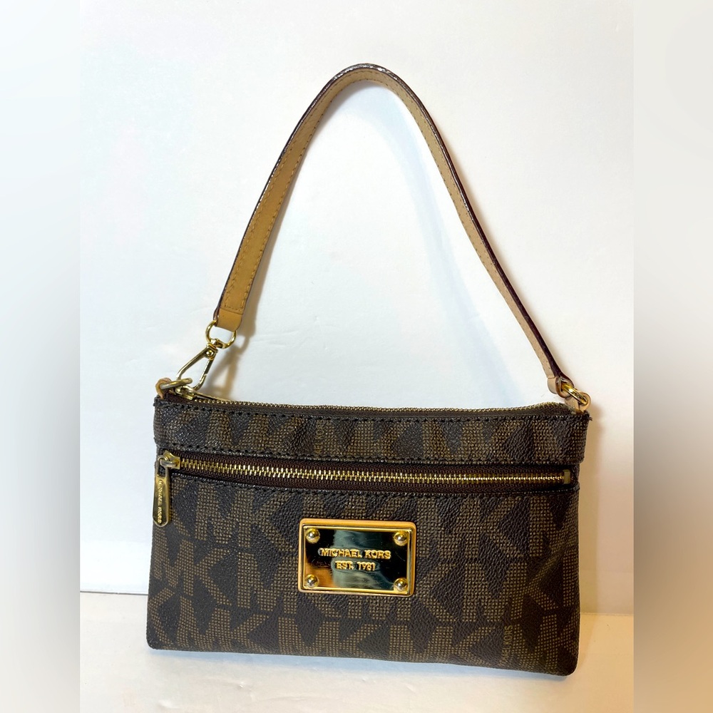 Michael Kors Zip Around Mini  purse Wristlet Clutch Brown Gold Logo Signature MK